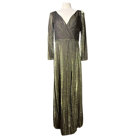 NWT Ieena For Mac Duggal Metallic Black & Gold Long Sleeve Gown Size 10 - Picture 1 of 12